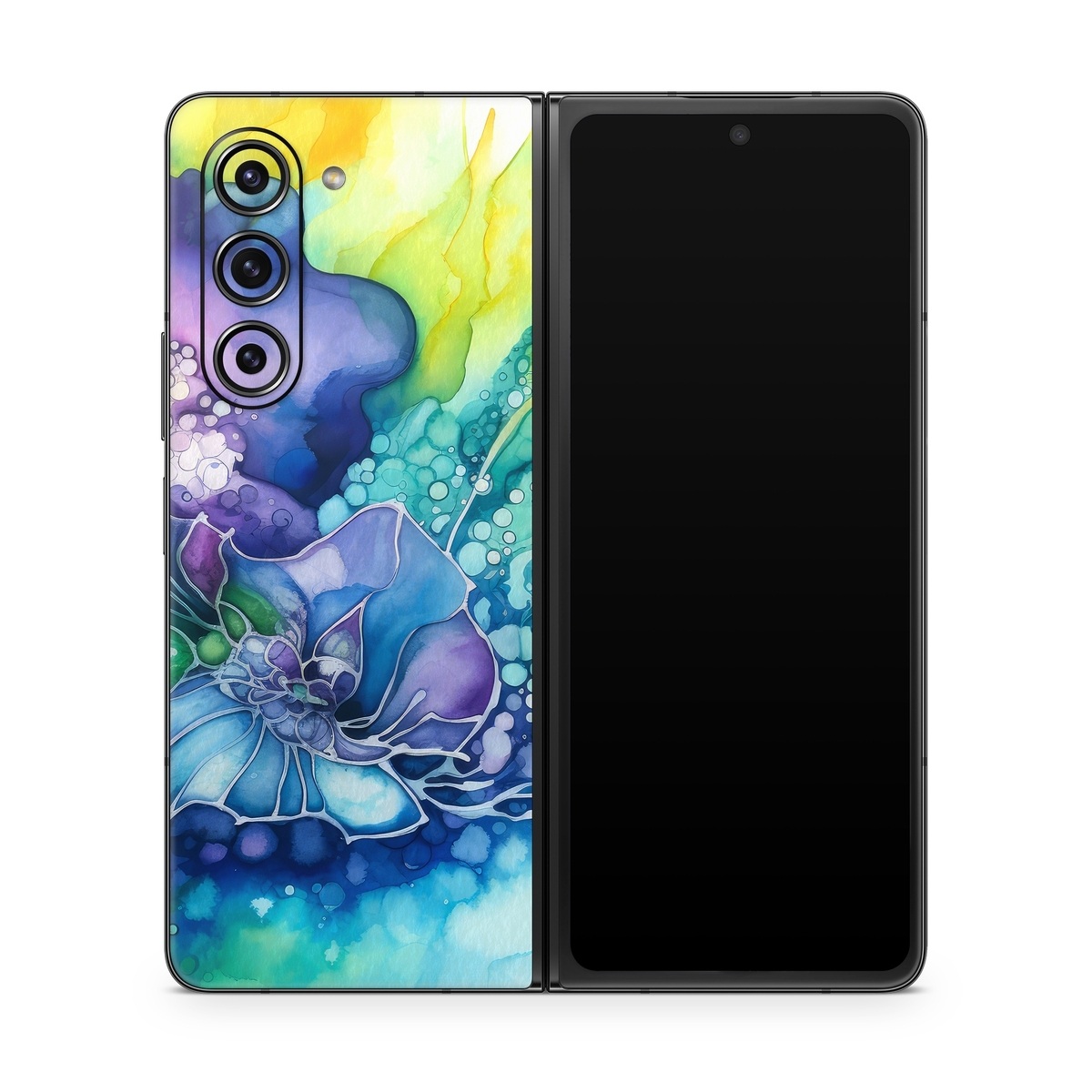 Samsung Galaxy Z Fold5 Skin design of Flower, Plant, Art paint, Petal, Blue, Azure, Purple, Art, Paint, Painting, with blue, yellow, green, purple, white, orange colors