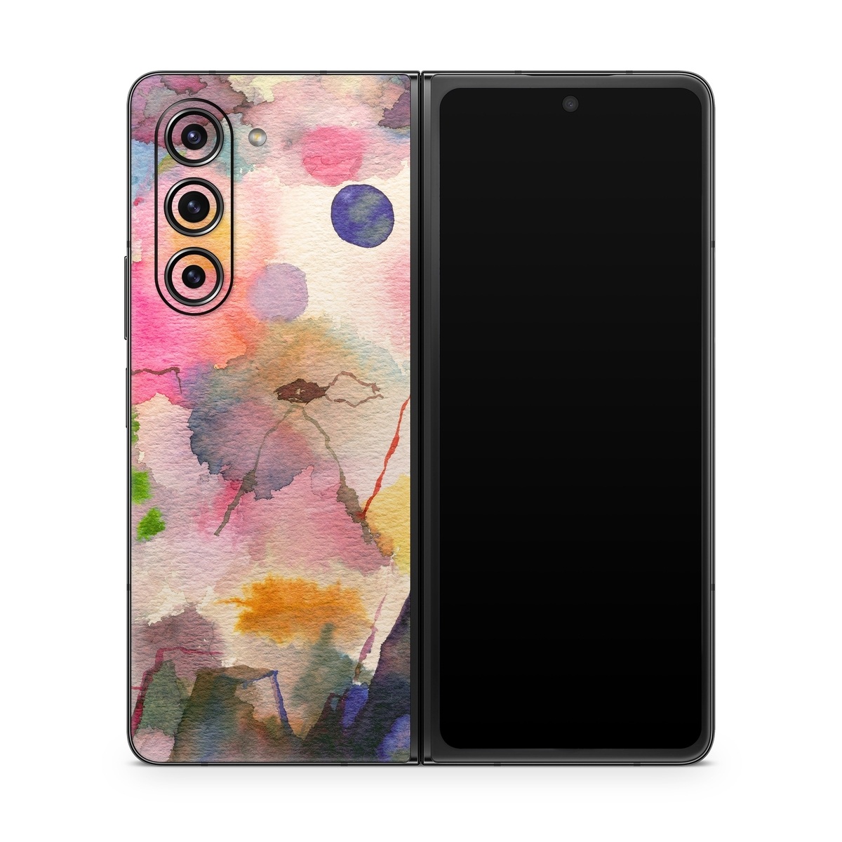 Samsung Galaxy Z Fold5 Skin design of Watercolor paint, Flower, Textile, Painting, Art, Plant, Pattern, Visual arts, Floral design, Paint, with white, pink, red, yellow, green, blue, black, orange colors