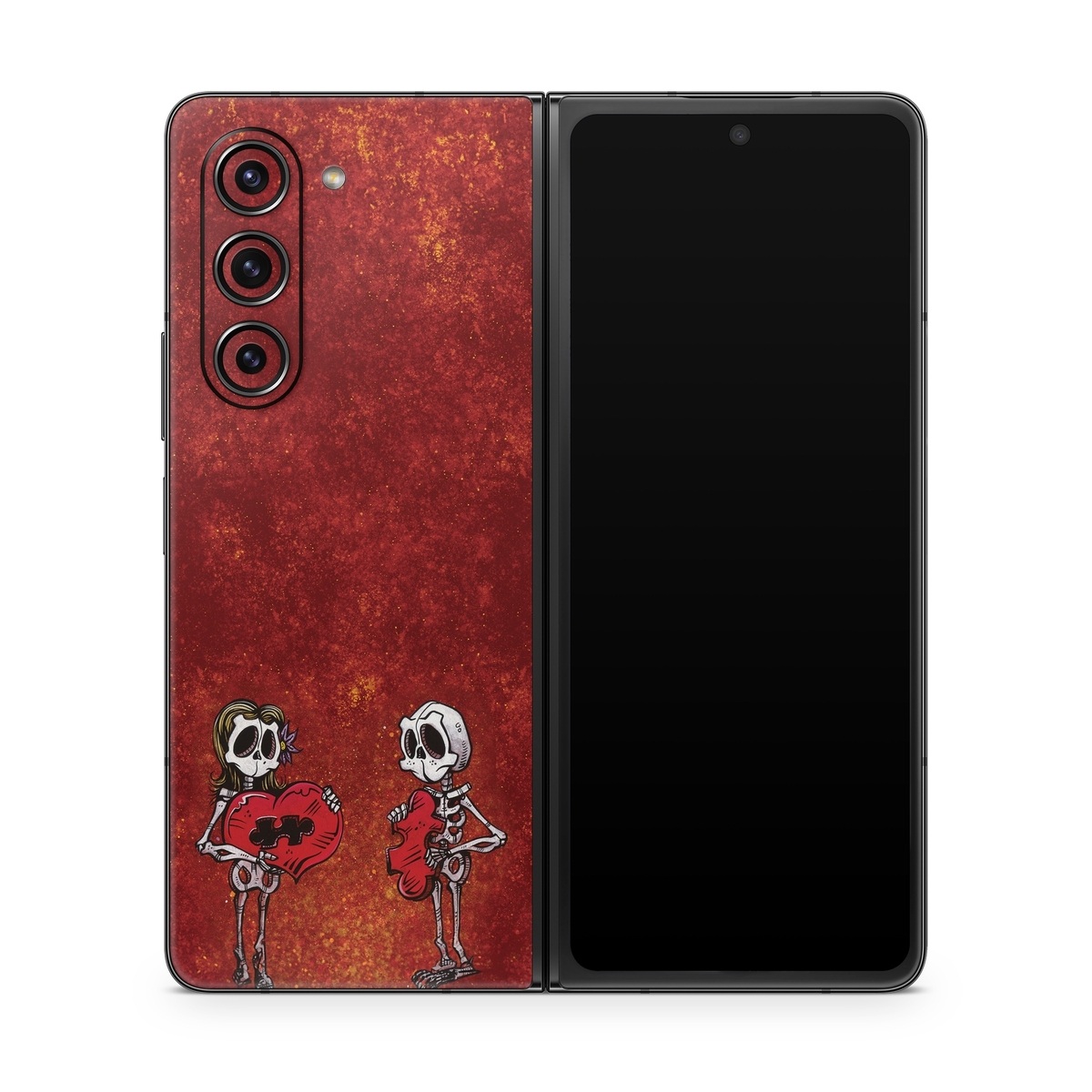Samsung Galaxy Z Fold5 Skin design of Font, Tints and shades, Bone, Art, Skull, Pattern, Creative arts, Carmine, Visual arts, Rectangle, with white, black, gray, brown, red, yellow, orange colors