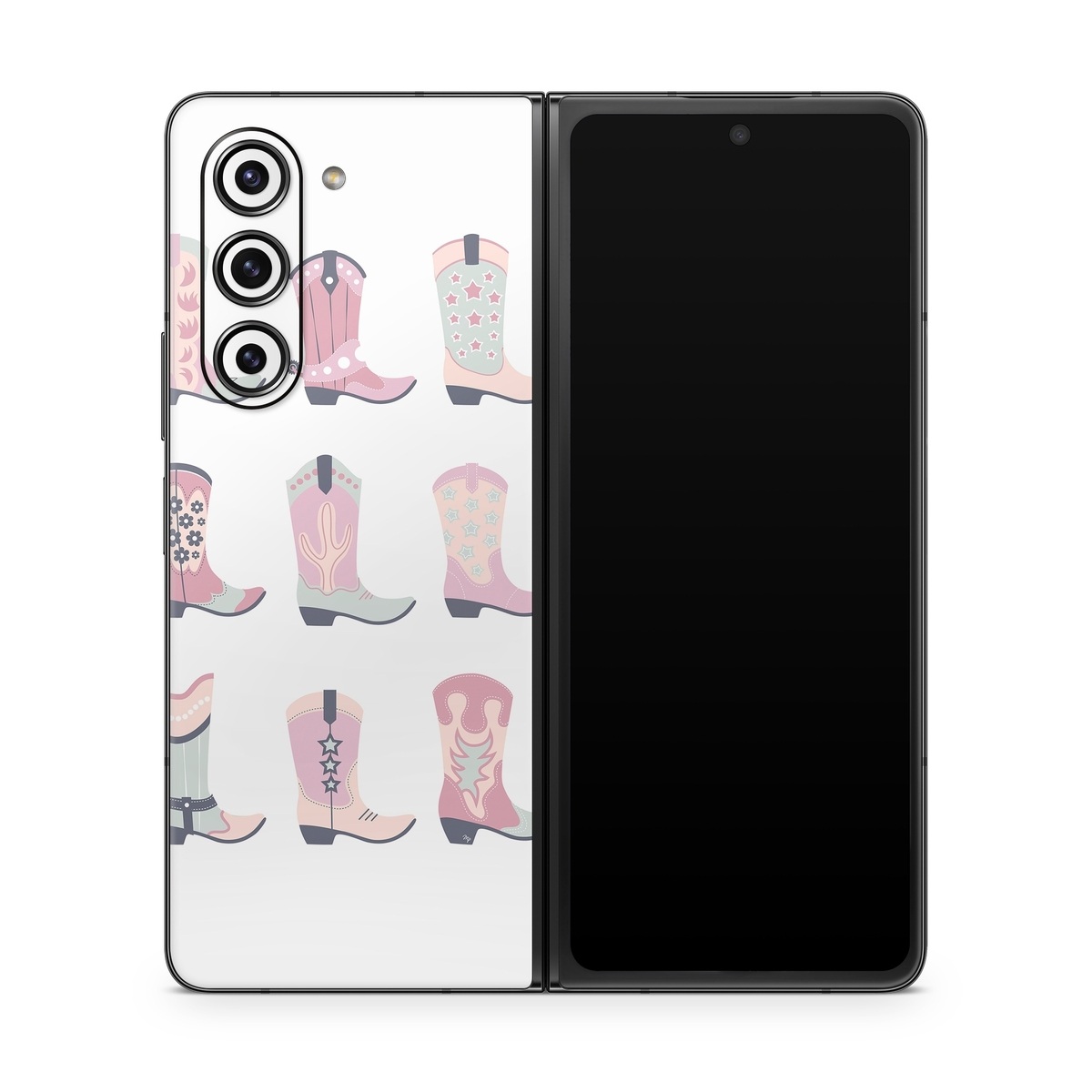 Samsung Galaxy Z Fold5 Skin design of Footwear, Shoe, White, Durango boot, Product, Fashion, Textile, Pink, Font, Red, with pink, white, blue, brown colors