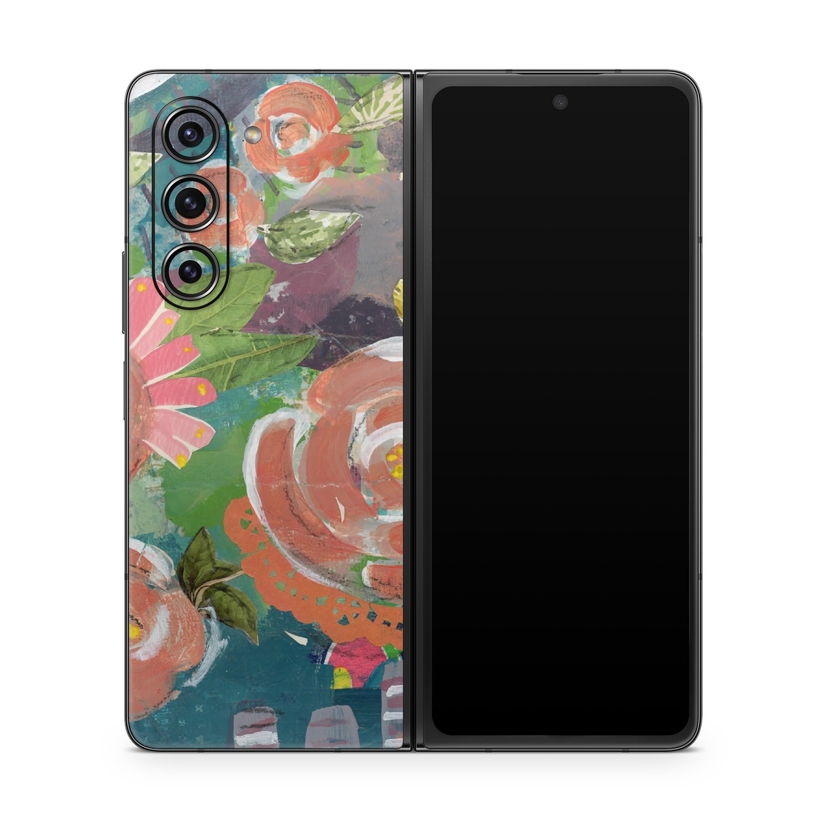 Samsung Galaxy Z Fold5 Skin design of Painting, Watercolor paint, Still life, Child art, Art, Illustration, Acrylic paint, Flower, Visual arts, Textile, with green, pink, red, yellow, blue, white, black, gray colors