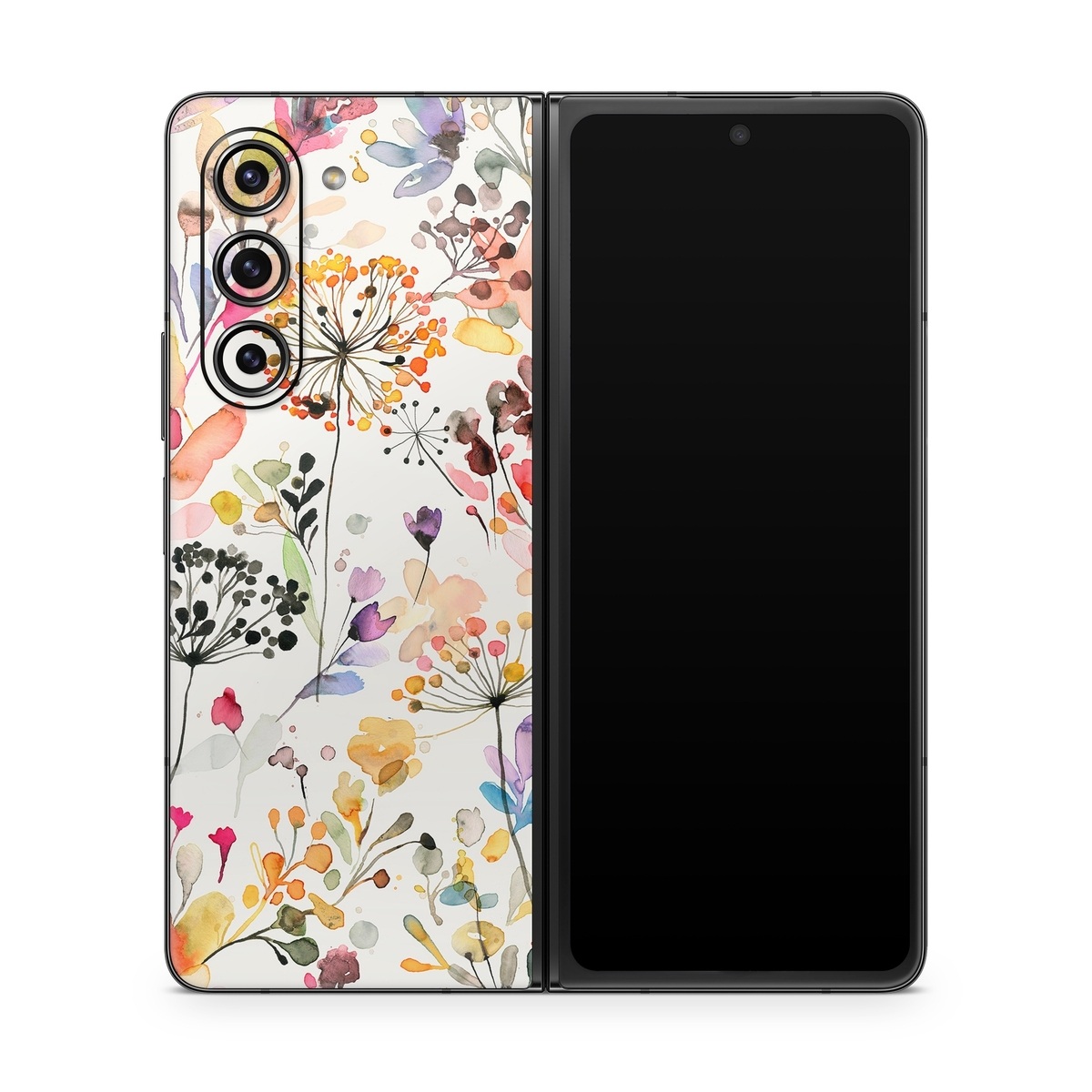 Samsung Galaxy Z Fold5 Skin design of Flower, Petal, Rectangle, Branch, Creative arts, Plant, Line, Art, Painting, Font, with white, pink, red, yellow, orange, green, blue, purple colors