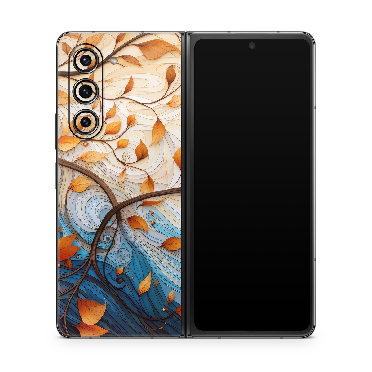 Samsung Galaxy Z Fold5 Skin design of Dishware, Orange, Textile, Sleeve, Serveware, Petal, Pattern, Porcelain, Electric blue, Art, with yellow, orange, red, white, blue, brown colors