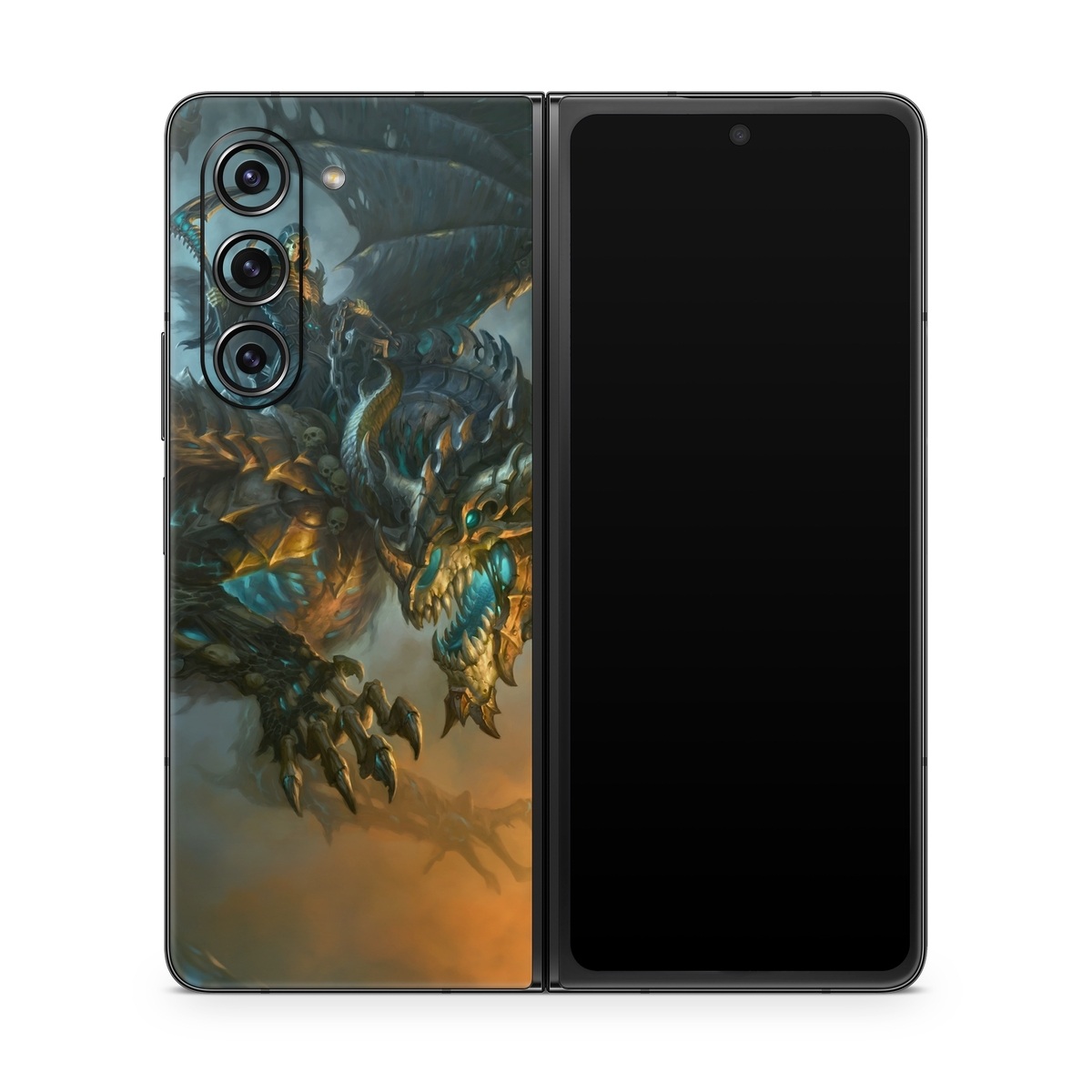 Samsung Galaxy Z Fold5 Skin design of Dragon, Cg artwork, Fictional character, Mythical creature, Demon, Mythology, Illustration, Cryptid, Art, with orange, yellow, black, brown, blue, white colors