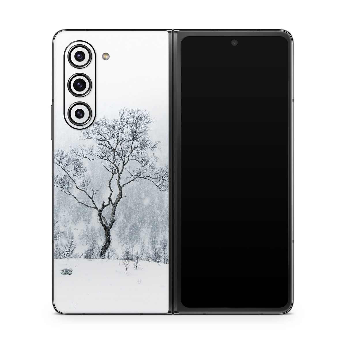 Samsung Galaxy Z Fold5 Skin design of Snow, Winter, Tree, Nature, White, Sky, Atmospheric phenomenon, Natural landscape, Freezing, Blizzard, with white, gray, black colors