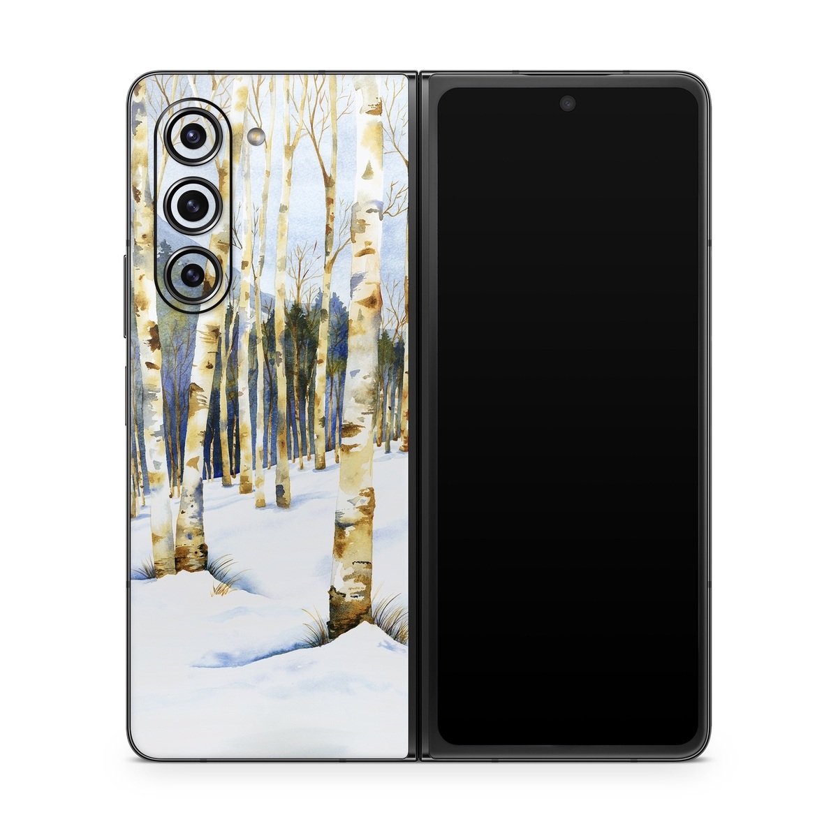 Samsung Galaxy Z Fold5 Skin design of Tree, Snow, Winter, Canoe birch, Nature, Birch, Forest, Natural environment, Freezing, Woody plant, with white, brown, black, gray colors