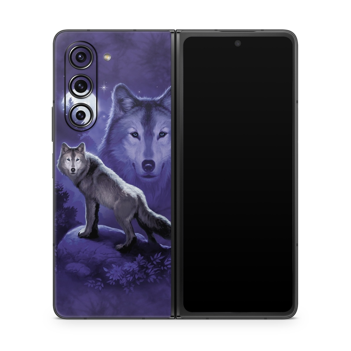 Samsung Galaxy Z Fold5 Skin design of Wolf, Canidae, canis lupus tundrarum, Canis, Wolfdog, Dog, Native american indian dog, Wildlife, Sakhalin husky, Moonlight, with blue, black, gray colors