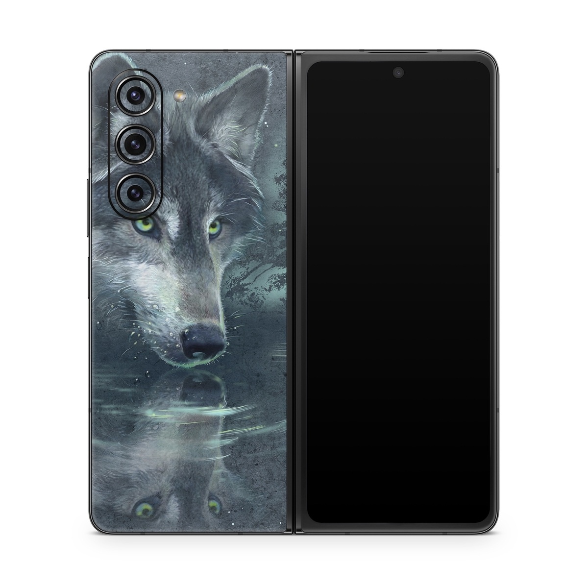 Samsung Galaxy Z Fold5 Skin design of Wolf, Canidae, Wildlife, Red wolf, Canis, canis lupus tundrarum, Snout, Saarloos wolfdog, Wolfdog, Carnivore, with black, gray, blue colors