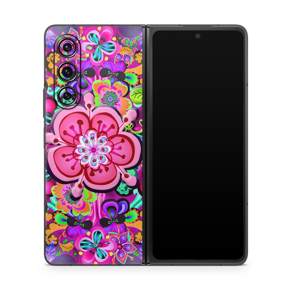 Samsung Galaxy Z Fold5 Skin design of Pattern, Pink, Design, Textile, Magenta, Art, Visual arts, Paisley, with purple, black, red, gray, blue colors