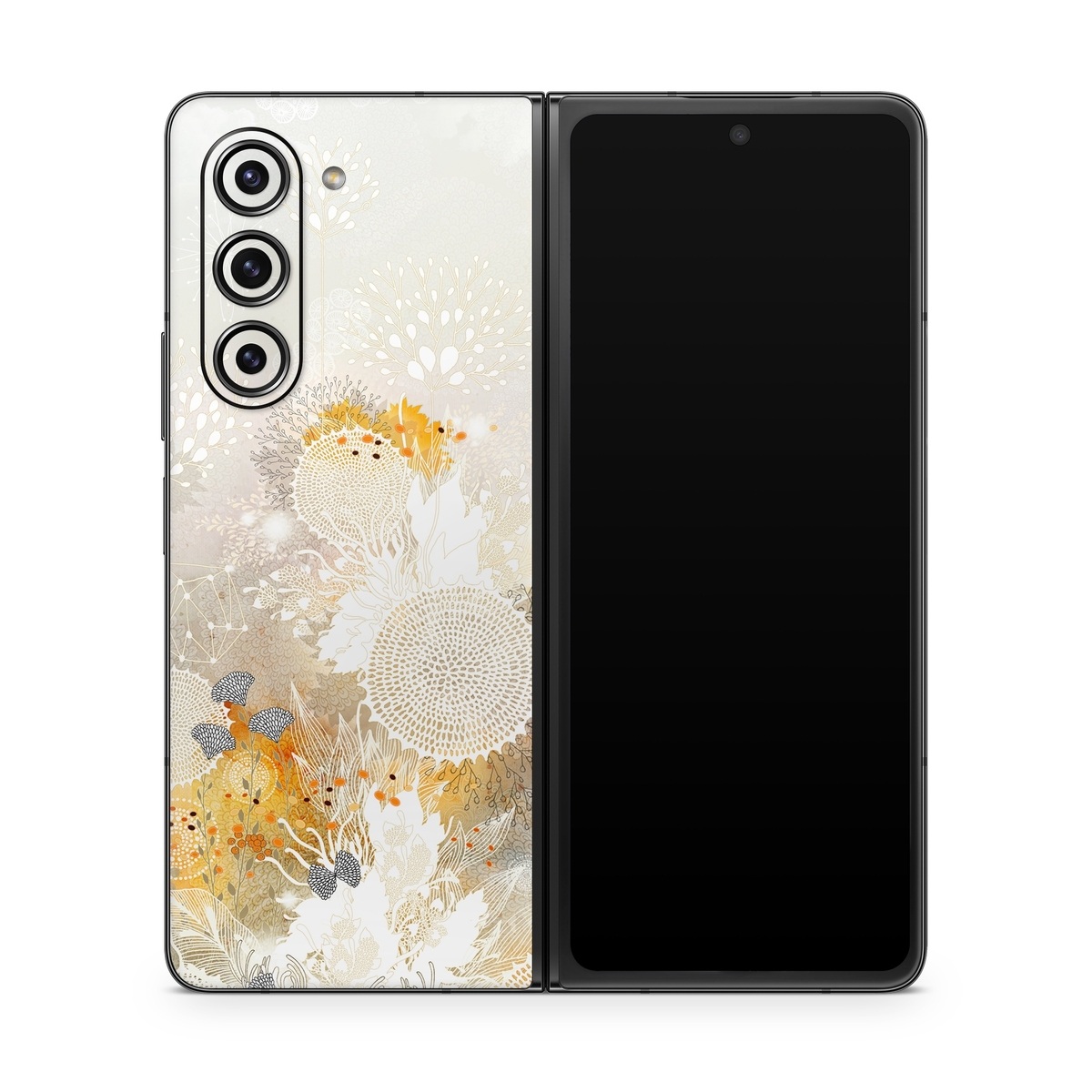 Samsung Galaxy Z Fold5 Skin design of Pattern, Floral design, Flower, Plant, Illustration, camomile, Wildflower, Art, with gray, yellow, pink, white, green colors