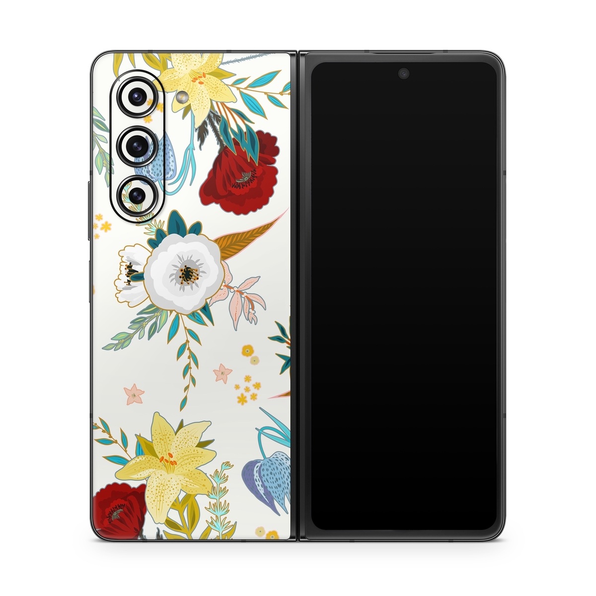 Samsung Galaxy Z Fold5 Skin design of Floral design, Pattern, Wrapping paper, Botany, Design, Flower, Wallpaper, Plant, Clip art, Pedicel, with white, blue, red, yellow, pink, orange colors