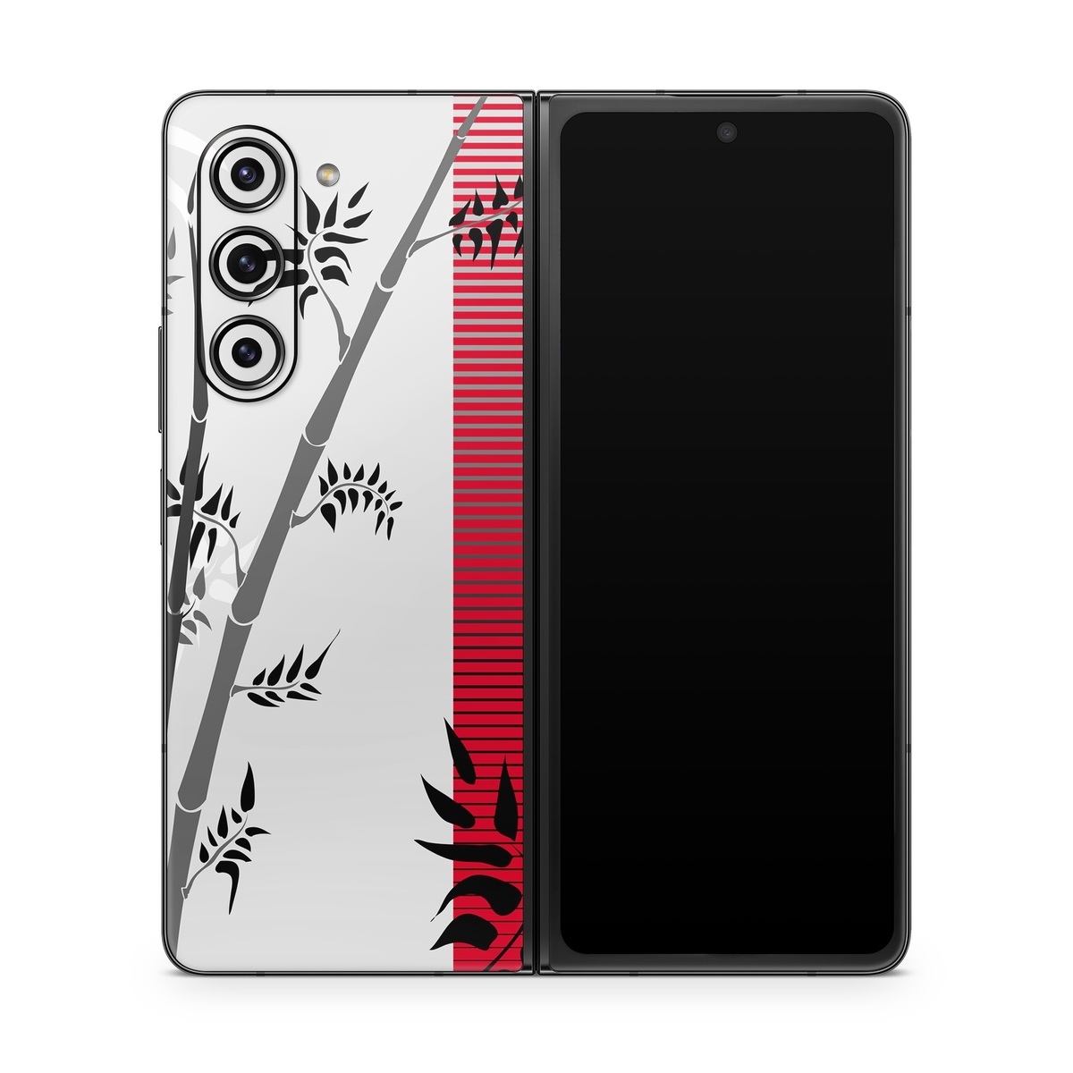 Samsung Galaxy Z Fold5 Skin design of Botany, Plant, Branch, Plant stem, Tree, Bamboo, Pedicel, Black-and-white, Flower, Twig, with gray, red, black, white colors