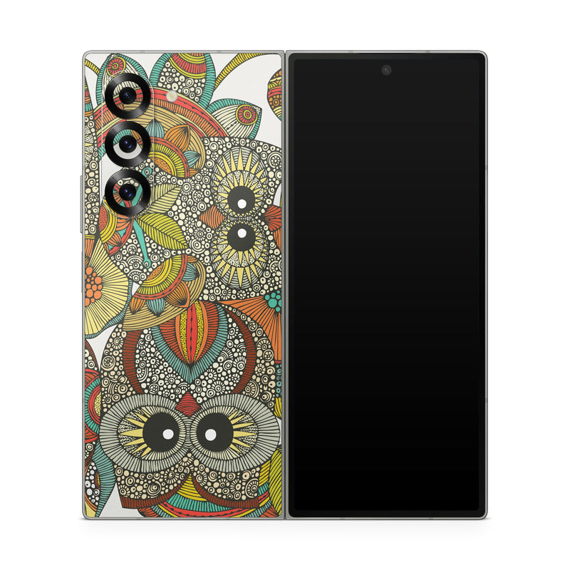 Samsung Galaxy Z Fold6 Skin design of Owl, Pattern, Visual arts, Art, Design, Textile, Illustration, Motif, Bird, with white, green, orange, yellow, blue, red colors