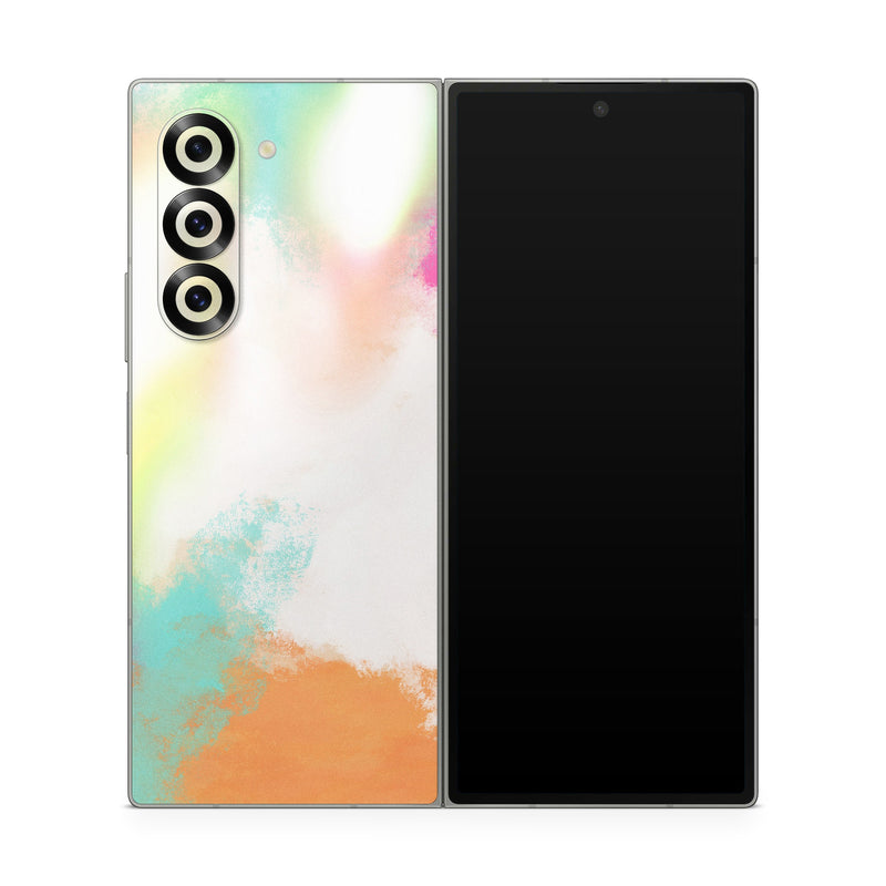 Samsung Galaxy Z Fold6 Skin design of Sky, Yellow, Orange, Pink, Art, Illustration, Visual Arts, Pattern, Colorfulness, Watercolor Paint, with white, pink, orange, yellow, blue, brown colors