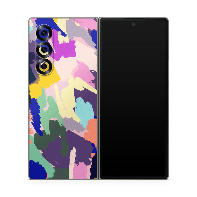 Samsung Galaxy Z Fold6 Skin design of Blue, Orange, Pink, Paint, Art Paint, Creative arts, Graphics, Modern art, with yellow, green, orange, blue, purple, black colors