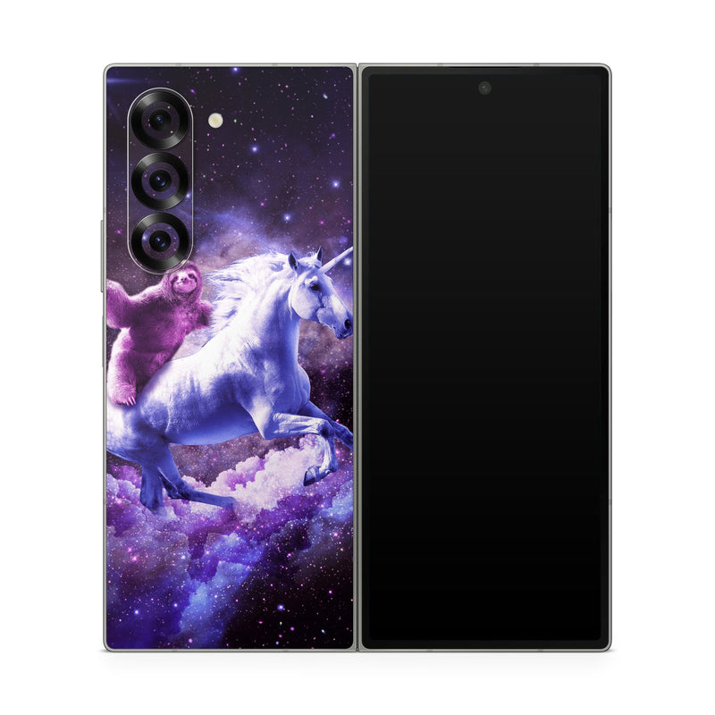 Samsung Galaxy Z Fold6 Skin design of Purple, Unicorn, Fictional character, Violet, Mythical creature, Illustration, Sky, Graphic design, Space, Constellation, with black, white, blue, purple, gray, brown colors