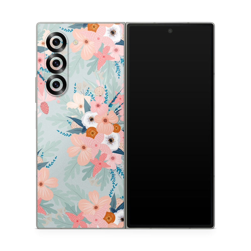Samsung Galaxy Z Fold6 Skin design of Pattern, Aqua, Wrapping paper, Textile, Design, Floral design, Wildflower, Plant, Pedicel, Blossom, with pink, red, blue, white colors