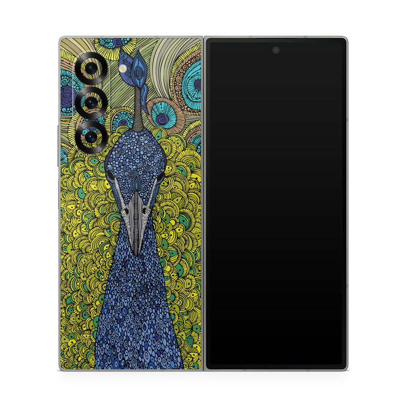 Samsung Galaxy Z Fold6 Skin design of Peafowl, Bird, Feather, Pattern, Art, Phasianidae, Galliformes, Design, Psychedelic art, Symmetry, with green, blue, yellow colors