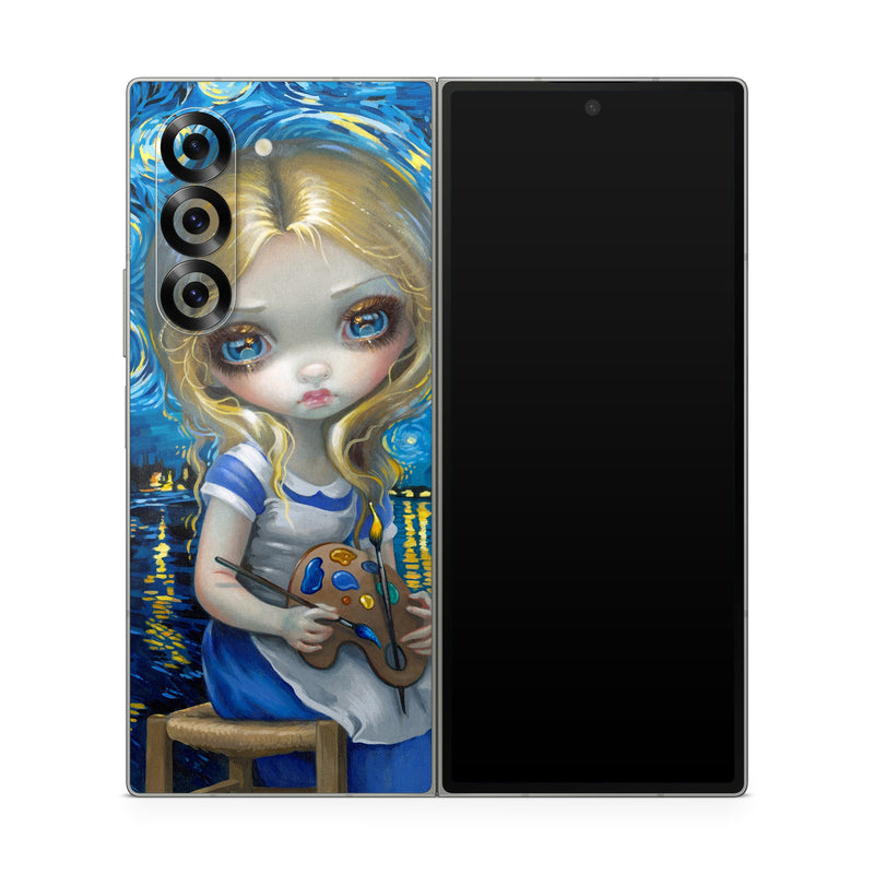 Samsung Galaxy Z Fold6 Skin design of Blue, Illustration, Cg artwork, Doll, Art, Acrylic paint, Painting, Toy, Fictional character, Visual arts, with blue, yellow, white, brown, red colors