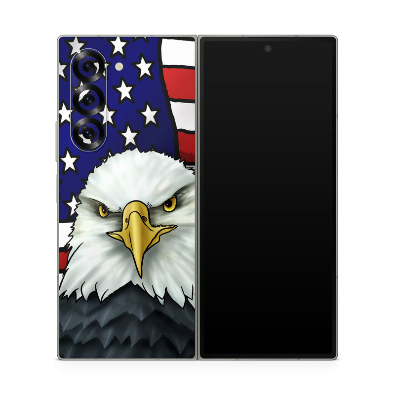 Samsung Galaxy Z Fold6 Skin design of Bald eagle, Eagle, Bird, Bird of prey, Accipitridae, Beak, Accipitriformes, Sea eagle, Flag, with white, gray, blue, yellow, red colors