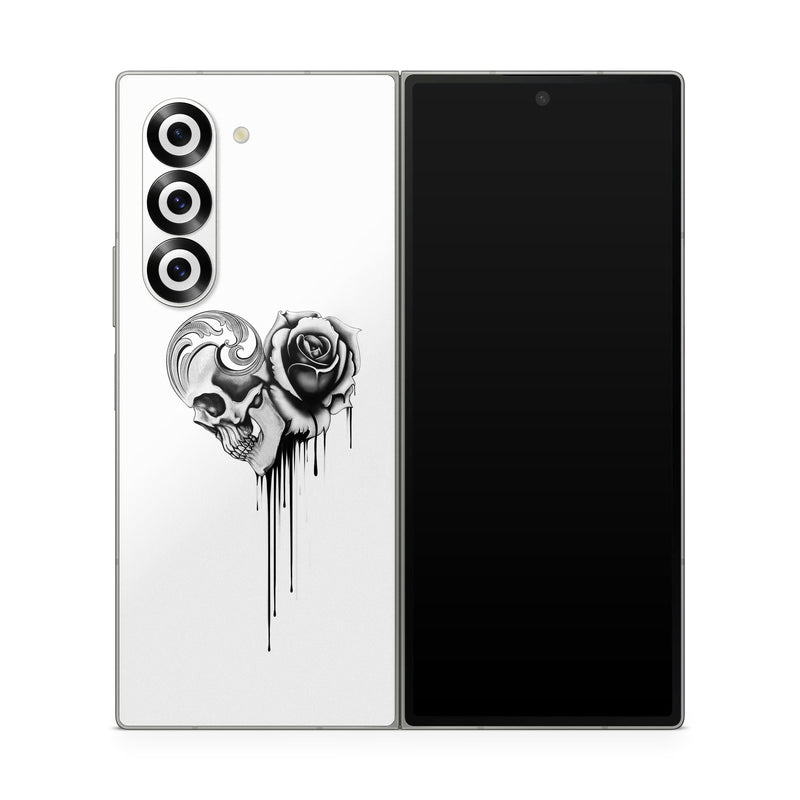 Samsung Galaxy Z Fold6 Skin design of Black-and-white, Illustration, Monochrome, Rose, Plant, Style, Metal, Drawing, with white, black, gray colors