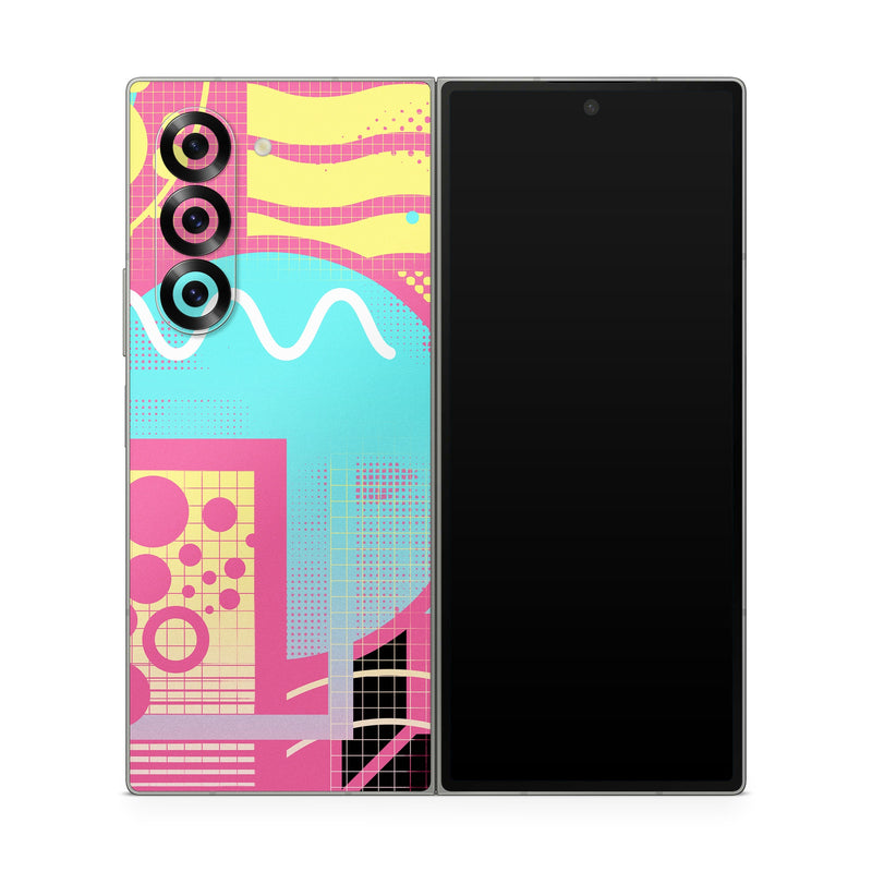 Samsung Galaxy Z Fold6 Skin design of Textile, Organism, Font, Art, Pink, Rectangle, Line, Aqua, Magenta, Circle, with pink, yellow, blue, black, white colors