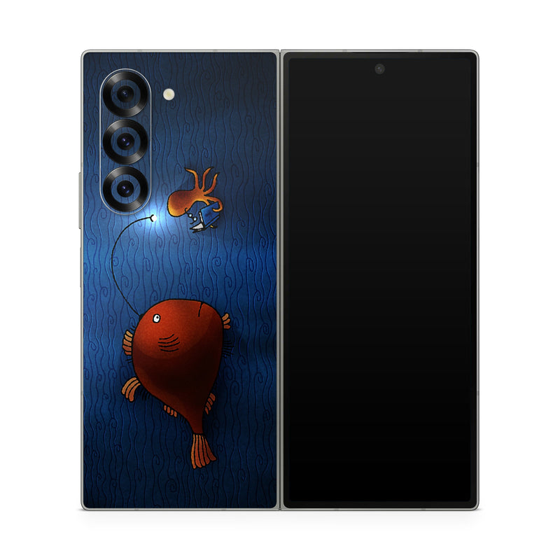 Samsung Galaxy Z Fold6 Skin design of Deep sea fish, Anglerfish, Illustration, Fish, Animation, Art, with blue, red colors
