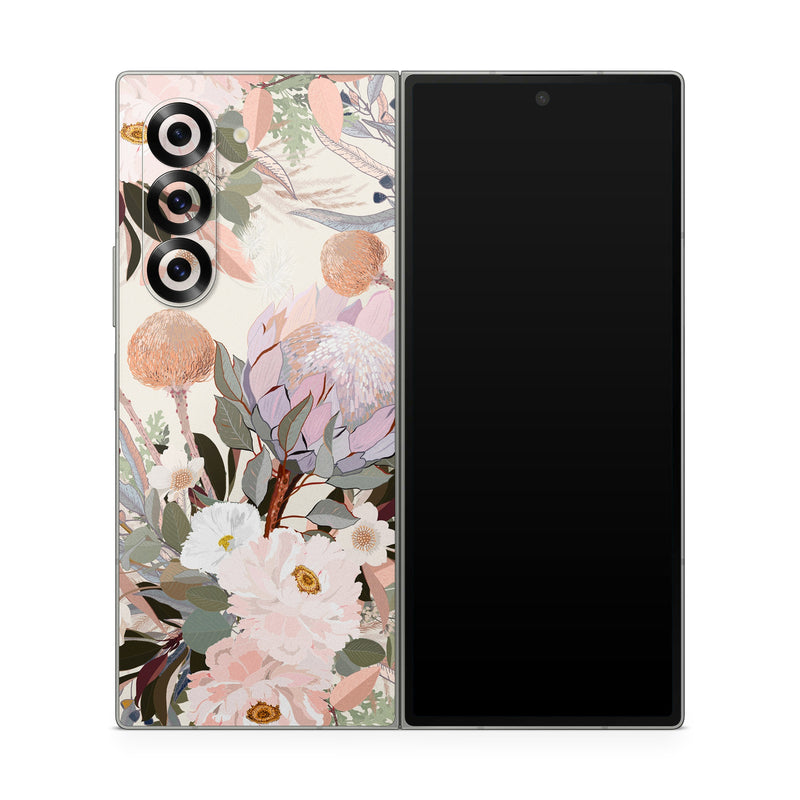 Samsung Galaxy Z Fold6 Skin design of Flower, Floral design, Watercolor paint, Plant, Spring, Branch, Flower Arranging, Lilac, Floristry, Petal, with pink, purple, green, brown, white, yellow, black colors