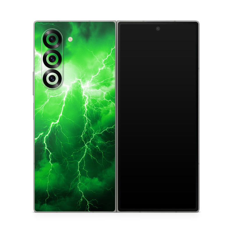 Samsung Galaxy Z Fold6 Skin design of Water, Atmosphere, Thunder, Light, Green, Sky, Natural environment, Natural landscape, Electricity, Organism, with black, green colors