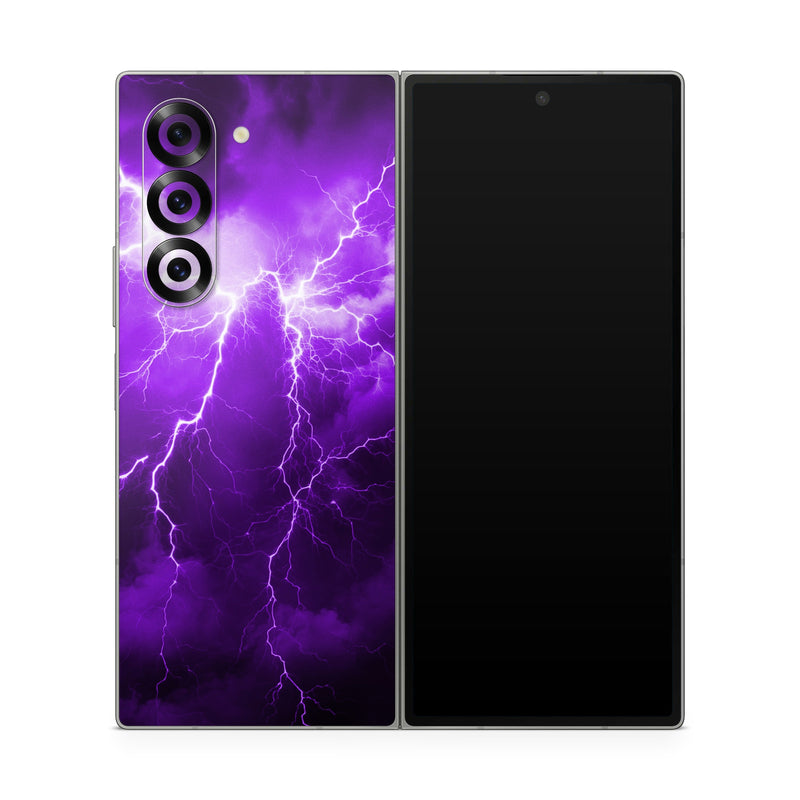 Samsung Galaxy Z Fold6 Skin design of Sky, Lightning, Thunder, Atmosphere, Thunderstorm, Daytime, Purple, Light, Cloud, Nature, with black, purple colors