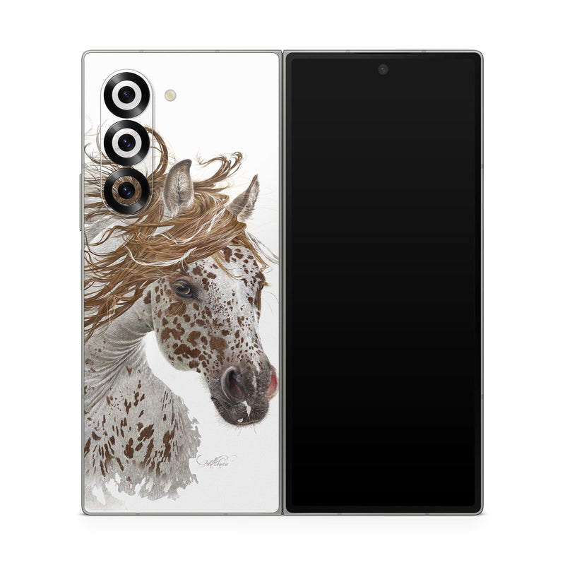 Samsung Galaxy Z Fold6 Skin design of Horse, Mane, Mustang horse, Illustration, Snout, Animal figure, Drawing, Stallion, Liver, Mare, with white, brown colors