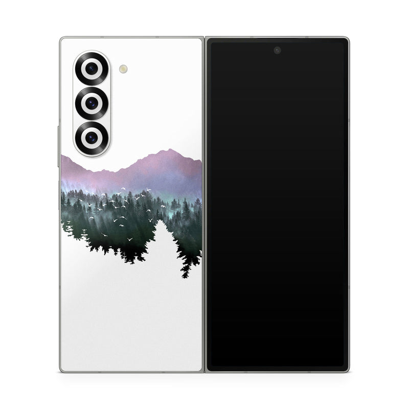 Samsung Galaxy Z Fold6 Skin design of Nature, Mountainous landforms, Mountain, Atmospheric phenomenon, Tree, Wilderness, Sky, Mountain range, Forest, Hill, with white, black, purple, blue, green colors