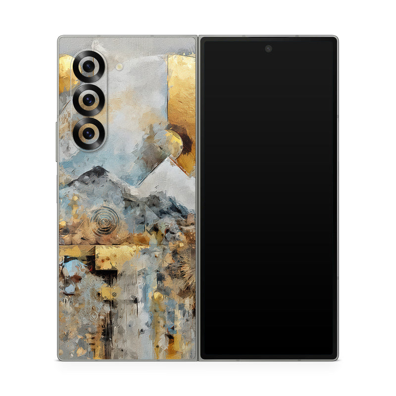 Samsung Galaxy Z Fold6 Skin design of Watercolor painting, Art Paint, Visual arts, Painting, Paint, Modern art, Astronomical object, Creative arts, Acrylic paint, Still life, with yellow, grey, black, white, gray, blue colors