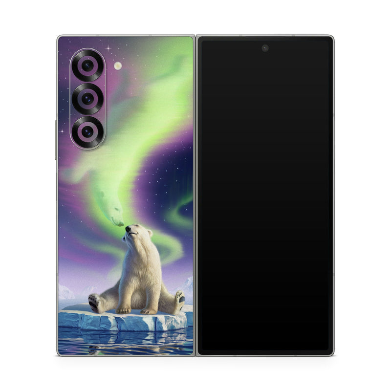 Samsung Galaxy Z Fold6 Skin design of Aurora, Sky, Wildlife, Polar bear, Fictional character, with white, blue, green, purple colors