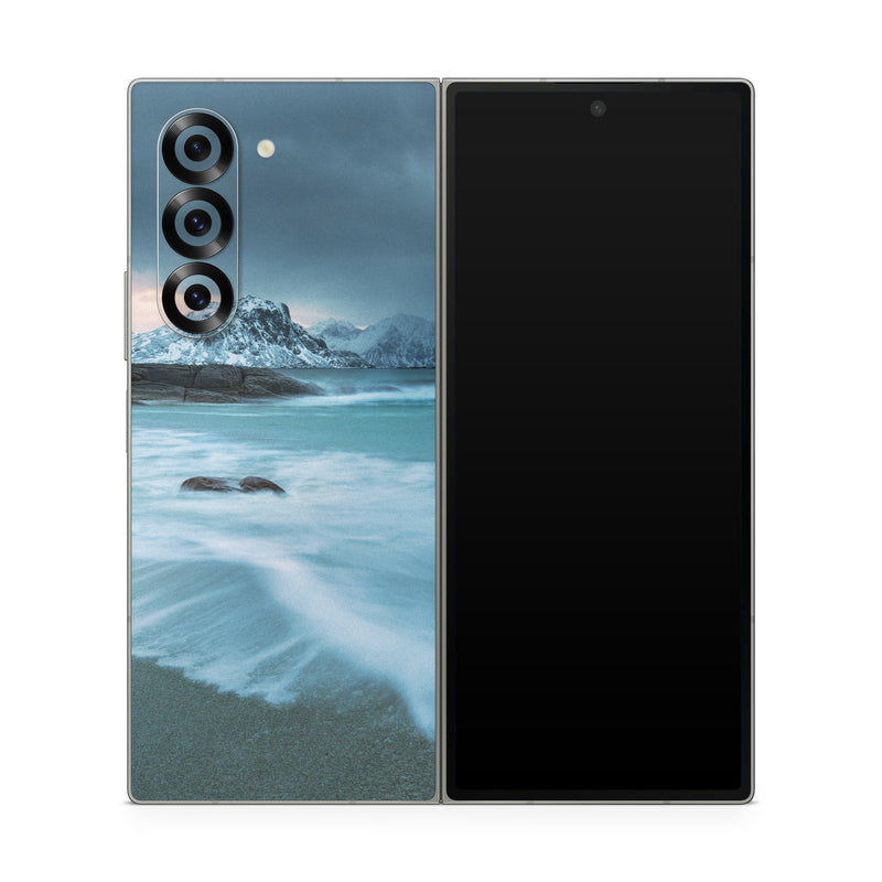 Samsung Galaxy Z Fold6 Skin design of Body of water, Sky, Nature, Sea, Ocean, Wave, Blue, Water, Coast, Wind wave, with white, blue, black, orange colors