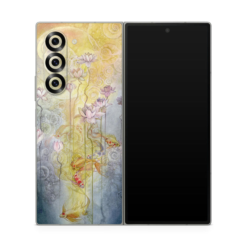 Samsung Galaxy Z Fold6 Skin design of Watercolor paint, Painting, Art, Yellow, Flower, Acrylic paint, Floral design, Visual arts, Modern art, Illustration, with blue, red, orange, pink, yellow colors