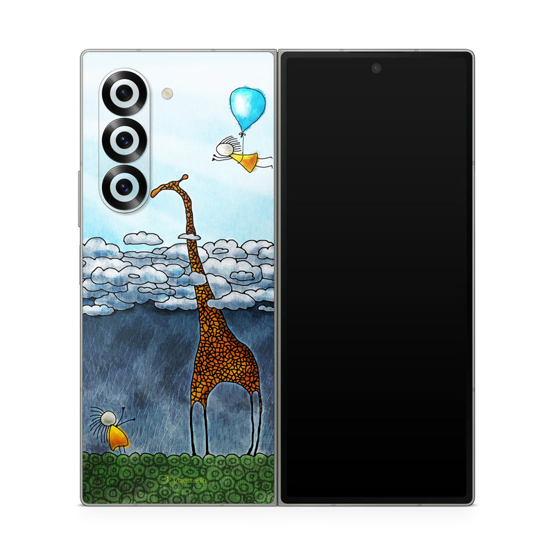 Samsung Galaxy Z Fold6 Skin design of Giraffe, Sky, Tree, Water, Branch, Giraffidae, Illustration, Cloud, Grassland, Bird, with blue, gray, yellow, green colors