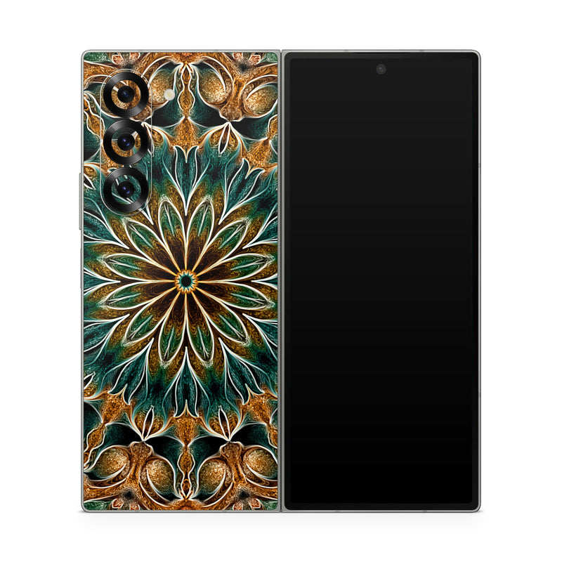 Samsung Galaxy Z Fold6 Skin design of Pattern, Symmetry, Textile, Art, Psychedelic art, Tapestry, Design, Visual arts, Kaleidoscope, Motif, with green, orange, yellow, brown, red colors