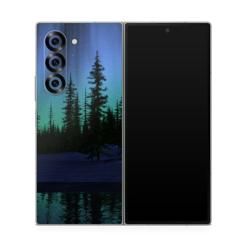 Samsung Galaxy Z Fold6 Skin design of Aurora, Nature, Sky, shortleaf black spruce, Natural landscape, Tree, Wilderness, Natural environment, Biome, Spruce-fir forest, with blue, purple, green, black colors