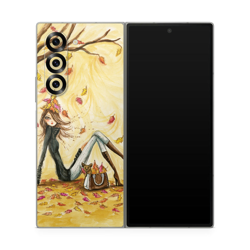 Samsung Galaxy Z Fold6 Skin design of Painting, Watercolor paint, Tree, Art, Illustration, Plant, Modern art, Visual arts, Still life, Fictional character, with yellow, red, brown, orange, black, white colors