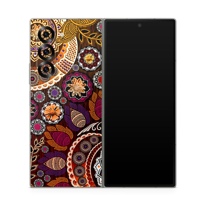 Samsung Galaxy Z Fold6 Skin design of Pattern, Motif, Visual arts, Design, Art, Floral design, Textile, Paisley, Tapestry, Circle, with brown, purple, red, white, black colors