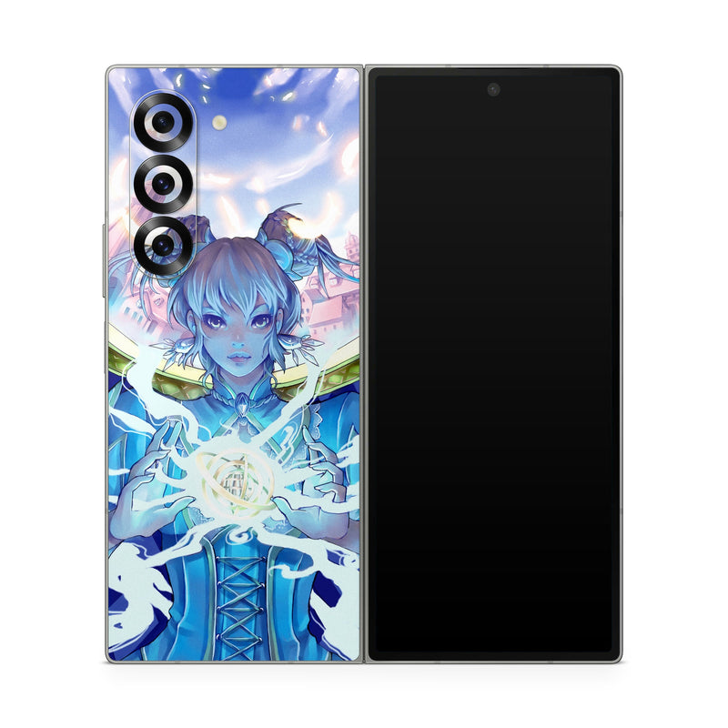 Samsung Galaxy Z Fold6 Skin design of Cg artwork, Anime, Cartoon, Sky, Long hair, Illustration, Fictional character, Black hair, Art, with blue, purple, pink, white, yellow colors