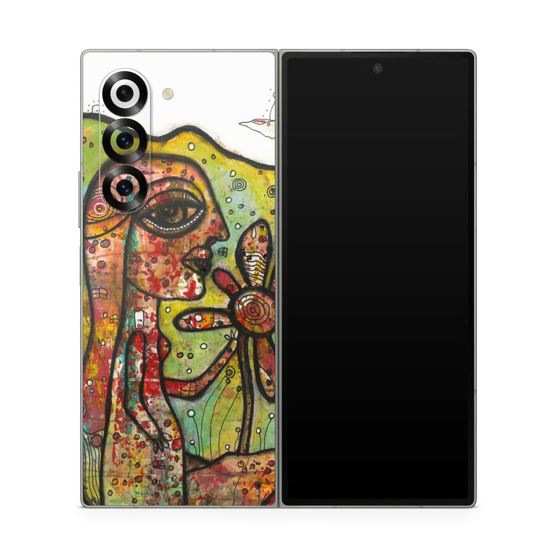 Samsung Galaxy Z Fold6 Skin design of Modern art, Art, Painting, Acrylic paint, Psychedelic art, Visual arts, Watercolor paint, Illustration, Paint, Style, with green, black, red, white, orange, yellow colors