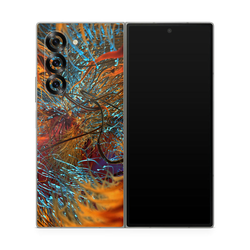 Samsung Galaxy Z Fold6 Skin design of Orange, Tree, Electric blue, Organism, Fractal art, Plant, Art, Graphics, Space, Psychedelic art, with orange, blue, red, yellow, purple colors