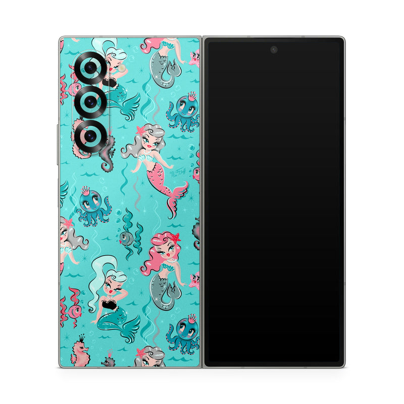 Samsung Galaxy Z Fold6 Skin design of Turquoise, Wrapping paper, Cartoon, Pattern, Textile, Aqua, Design, Gift wrapping, Illustration, Fictional character, with blue, pink, yellow, gray colors