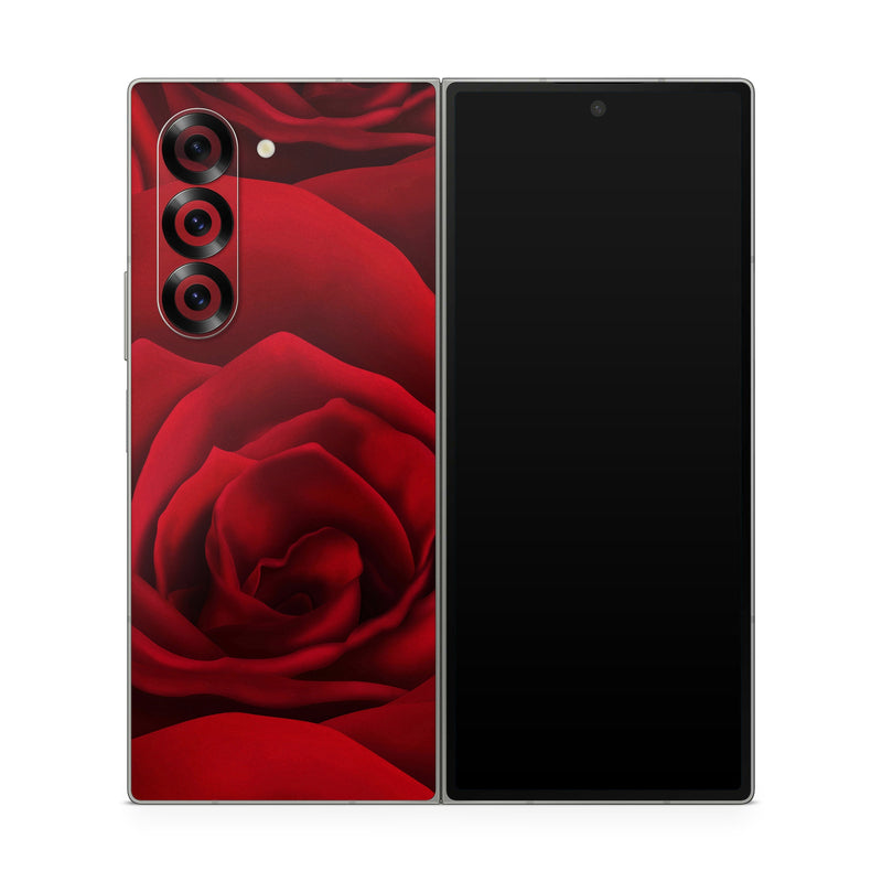 Samsung Galaxy Z Fold6 Skin design of Red, Garden roses, Rose, Petal, Flower, Nature, Floribunda, Rose family, Close-up, Plant, with black, red colors