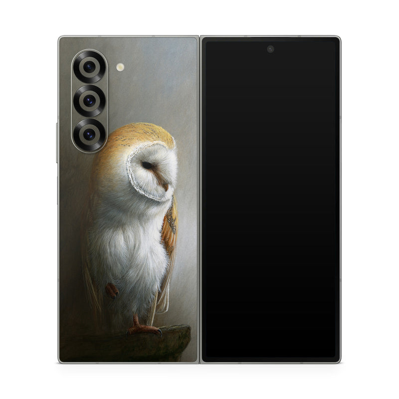 Samsung Galaxy Z Fold6 Skin design of Barn owl, Owl, Bird, Bird of prey, Beak, Wildlife, with yellow, white, orange, brown colors
