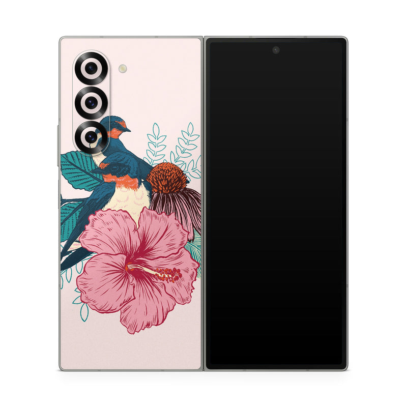 Samsung Galaxy Z Fold6 Skin design of Bird, Hawaiian hibiscus, Hibiscus, Illustration, Chinese hibiscus, Botany, Flower, Plant, Malvales, Mallow family, with blue, pink, green, yellow, red colors