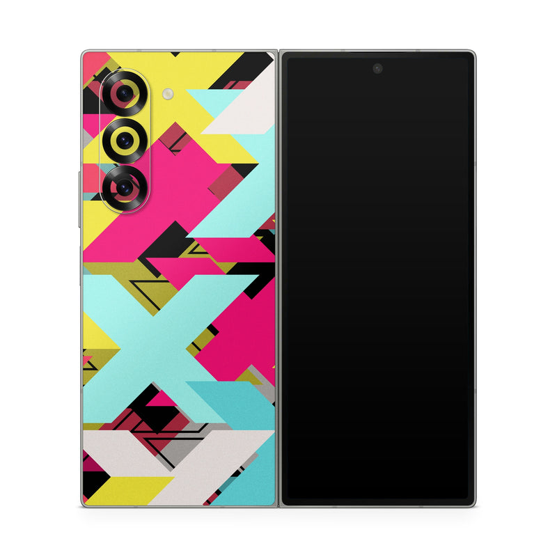 Samsung Galaxy Z Fold6 Skin design of Pattern, Graphic design, Line, Design, Triangle, Font, Illustration, Magenta, Visual arts, with yellow, blue, white, black, red, pink colors
