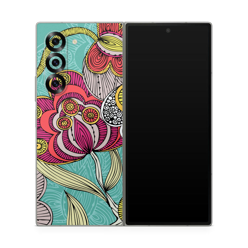 Samsung Galaxy Z Fold6 Skin design of Pattern, Visual arts, Motif, Floral design, Design, Art, Plant, Flower, Organism, Textile, with red, yellow, blue, gray, pink colors
